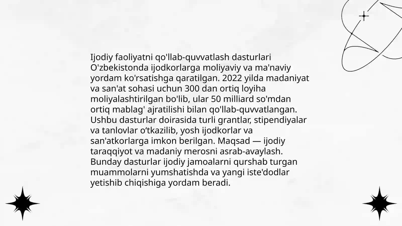 Madaniyat va san'atni rivojlantirish siyosati 4