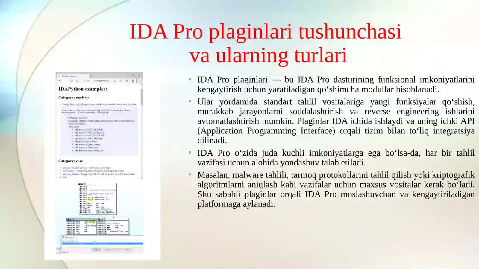 IDA Pro plaginlarini ishlab chiqish, integratsiya qilish va avtomatlashtirish. 4