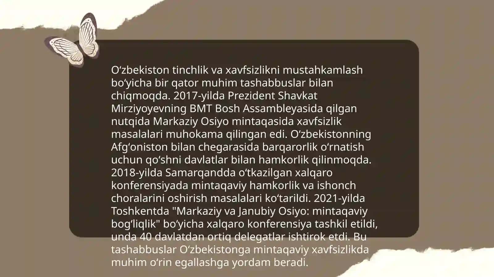 Oʻzbekistonning Markaziy Osiyoda tinchlik va barqarorlikni taʼminlashdagi oʻrni 4