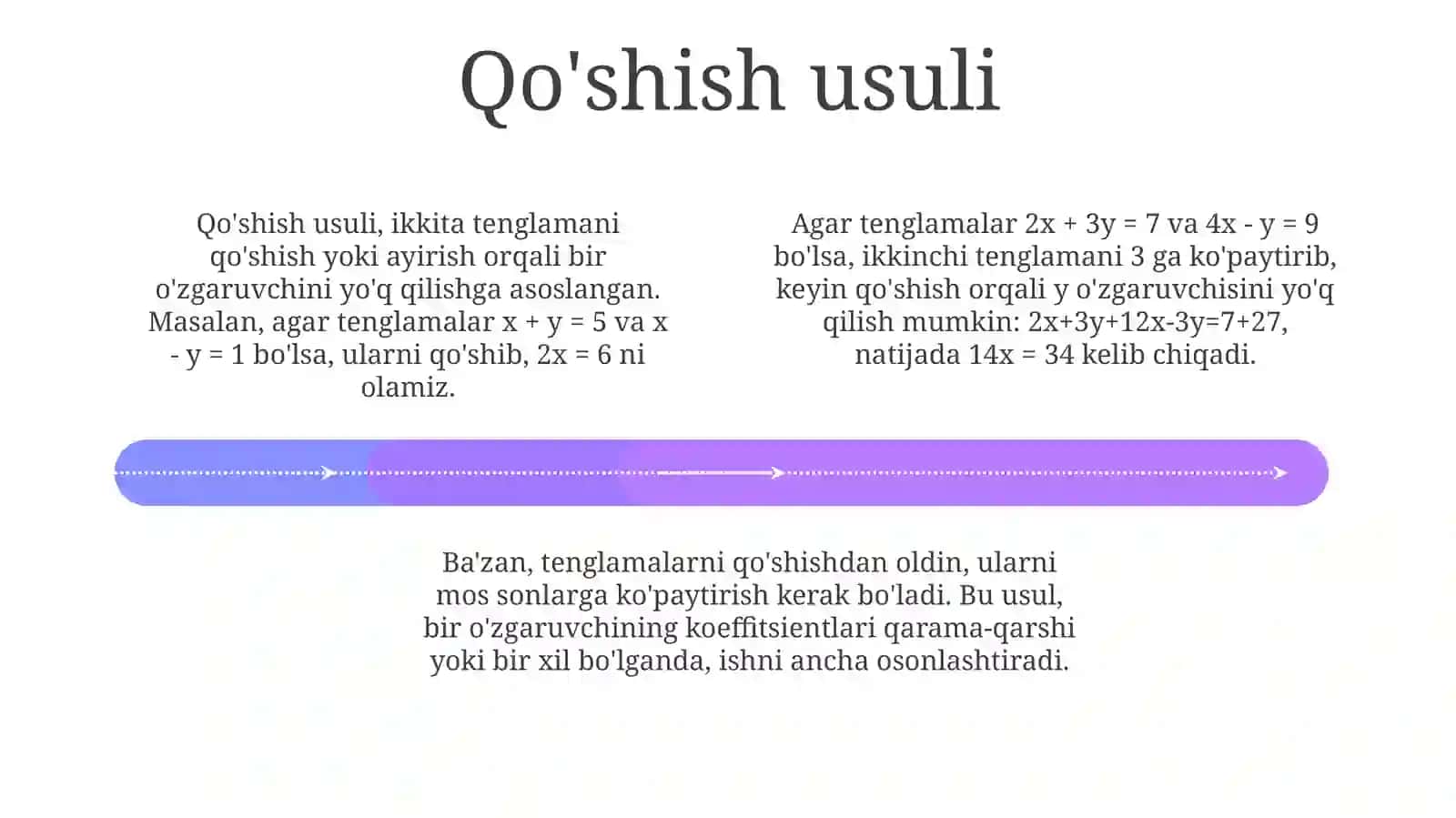 Ikki o'zgaruvchili tenglamalar sistemasini yechishning qo'shish,o'rniga qo'yish, grafik usullari 4
