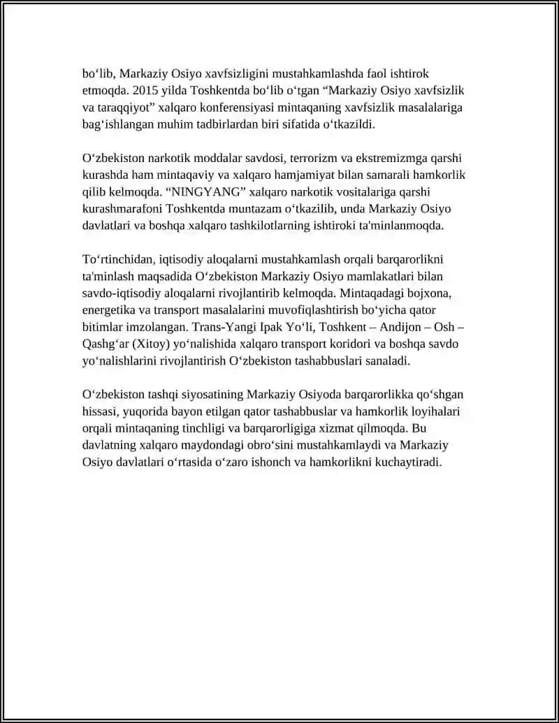 O’ZBEKISTONING MARKAZIY OSIYODA TINCHLIK VA BARQARORLIKNI TA’MINLASHDAGI O’RNI 4