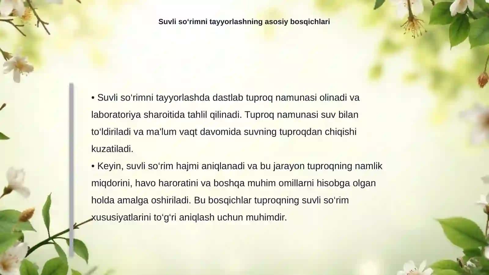 Tuproqning suvli so‘rimini tayyorlash va umumiy quruqlik hajmini aniqlash 4