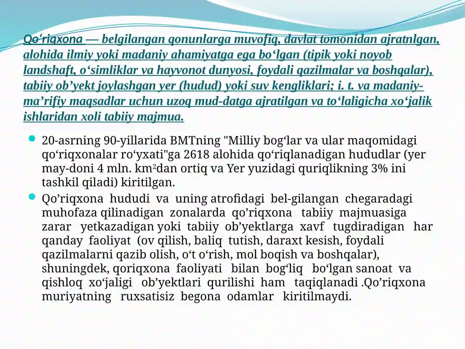 Landshaft va uni muhofaza qilish shakllari. Qo’riqxonalar, milliy bog’lar, buyurtma xona, rezervatlar 4