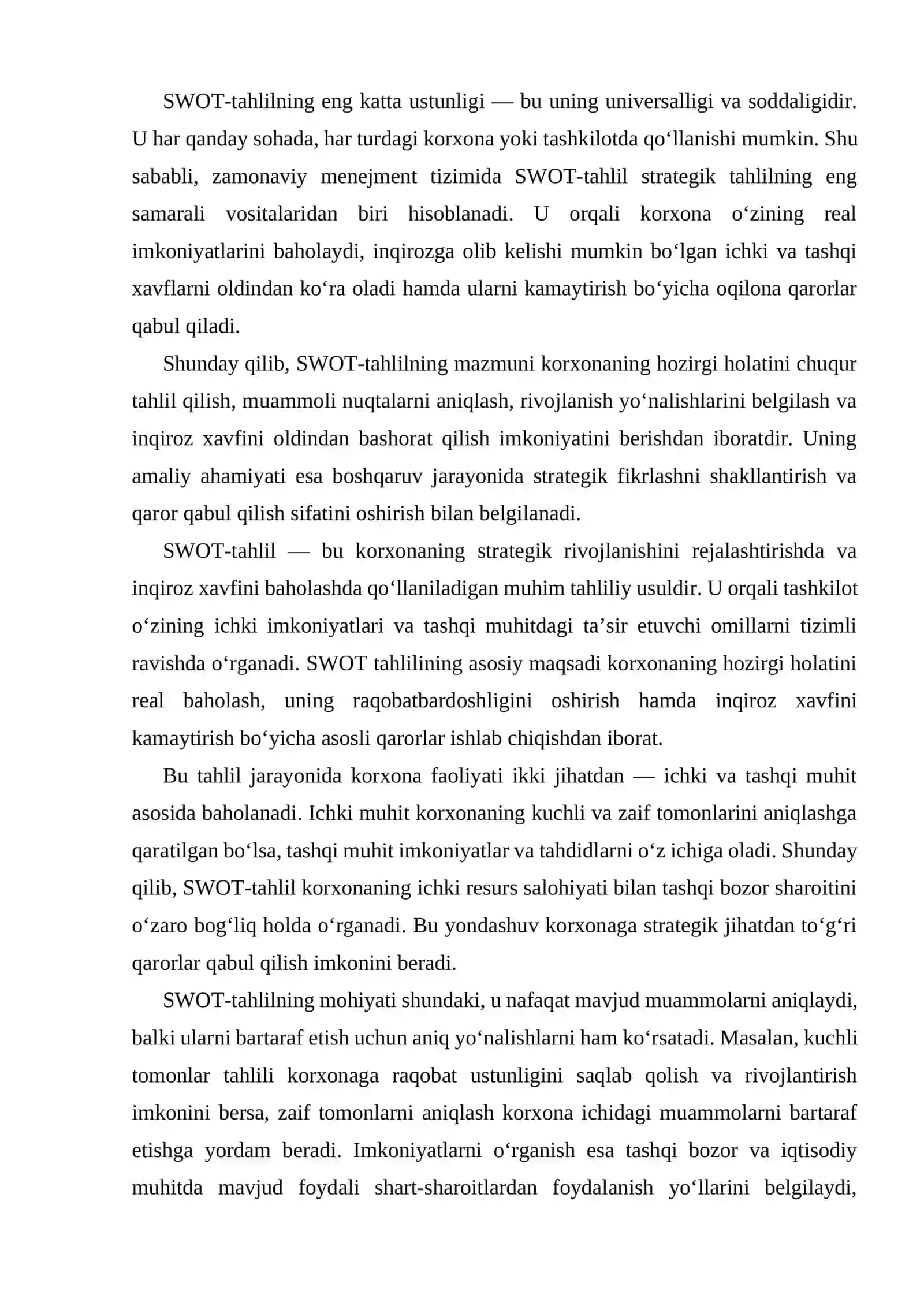 Korxonada inqiroz xavfini vujudga keltiruvchi omillarni SWOT-tahlil asosida o'rganish 4
