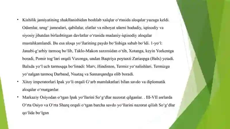 buyuk ipak yo'li shakilanishi tarixi.Buyuk ipak yo'lining davlatlararo hamkorlik va turizmni rivojlantilishdagi ahamiyati. 4
