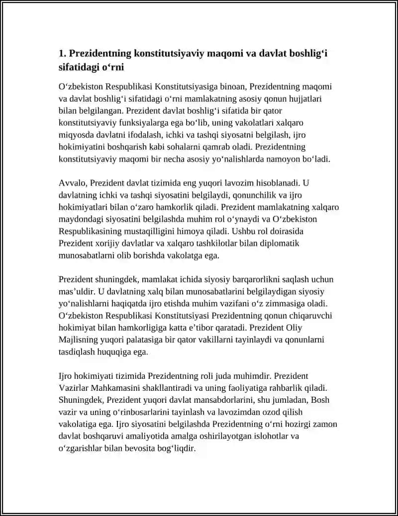 O’ZBEKISTON RESPUBLIKASI PREZIDENTINING KONSTITUTSIYAVIY FUNKSIYALARI VA VAKOLATLARI 4