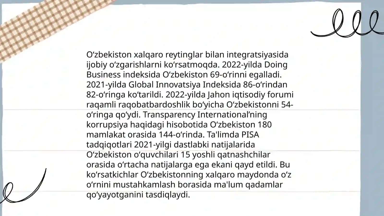 Siyosiy-huquqiy sohadagi ustuvor xalqaro reytinglar va ularga Oʻzbekistonnning integrallashuvi 4
