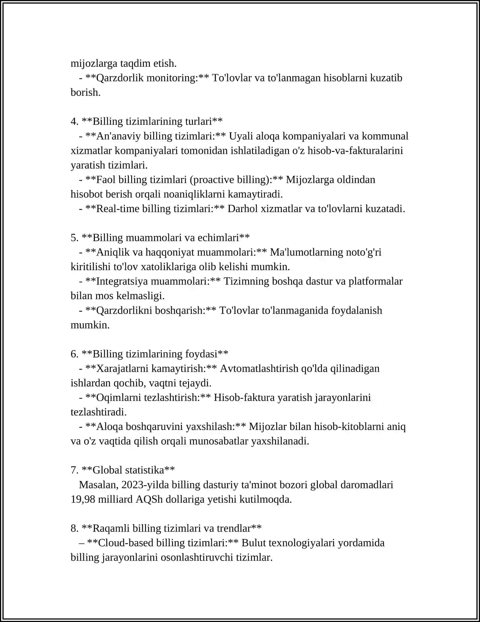 BILLING TIZIMINI ISHLASH TEXNOLOGIYASI VA IQTISODIYOTDA QO‘LLASH SALMOG‘I 4