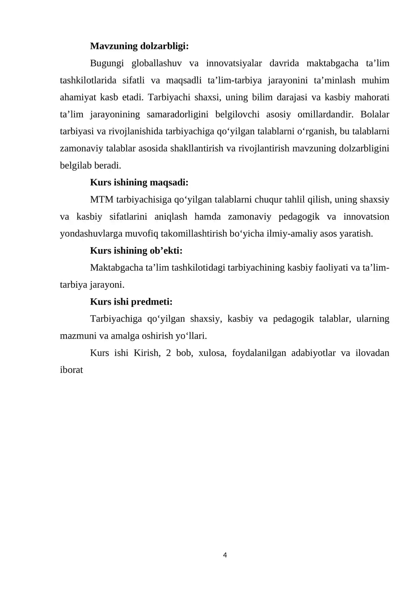 MAKTABGACHA TALIM TASHKILOTI. MTM TARBIYACHISI SHAXSIGA. QOYILGAN TALABLAR 4