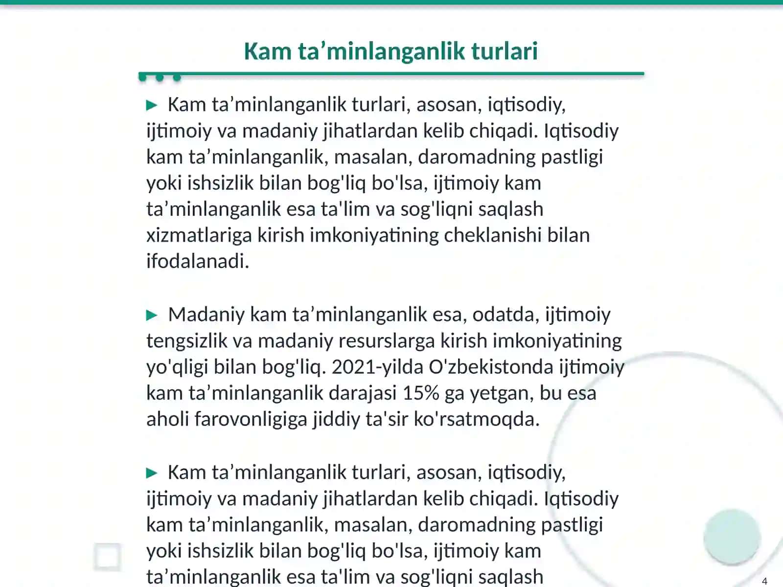 Kam ta'tminlanganlik va umumiy ta'minot 4