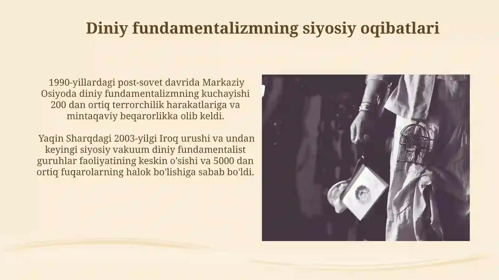 Diniy aqidaparastlik, ekstremizm paydo bo'lishining ijtimoiy- tarixiy zaminlaririvojlanishi 4