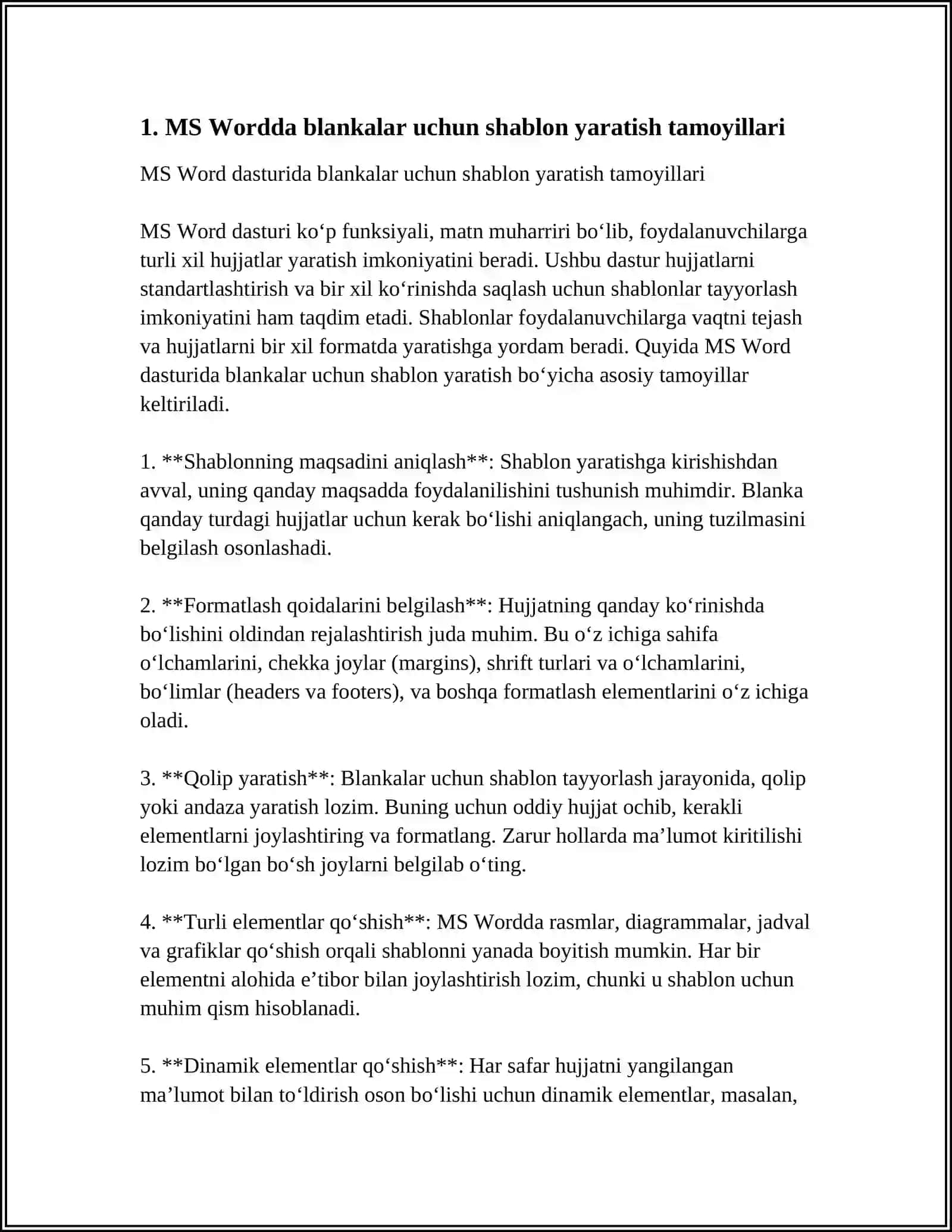 MS WORD MATN TAXRRIRLAGICHIDA TURLI XIL BLANKALAR YARATISH (ARIZA, KASALLIK KARTASI, ANALIZLAR BLANKASI VA H.K.) 4