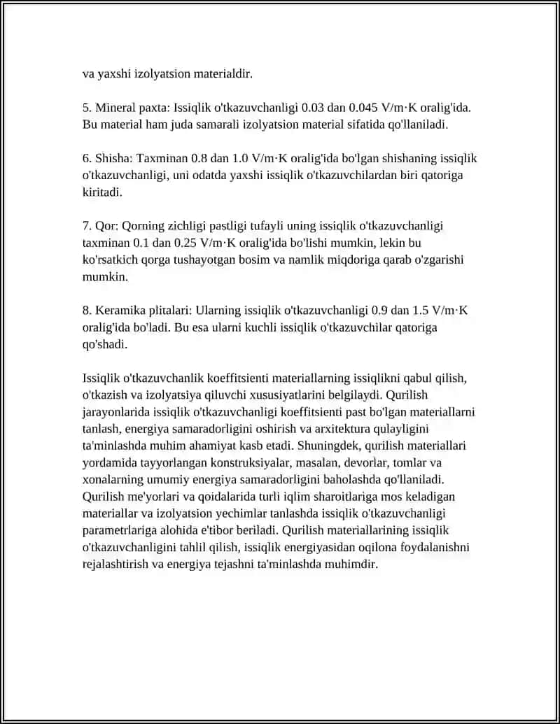 QURILISH MATERIALLARINIISSIQLIK O'TGAZUVCHANLIGINIO'RGANISH 4