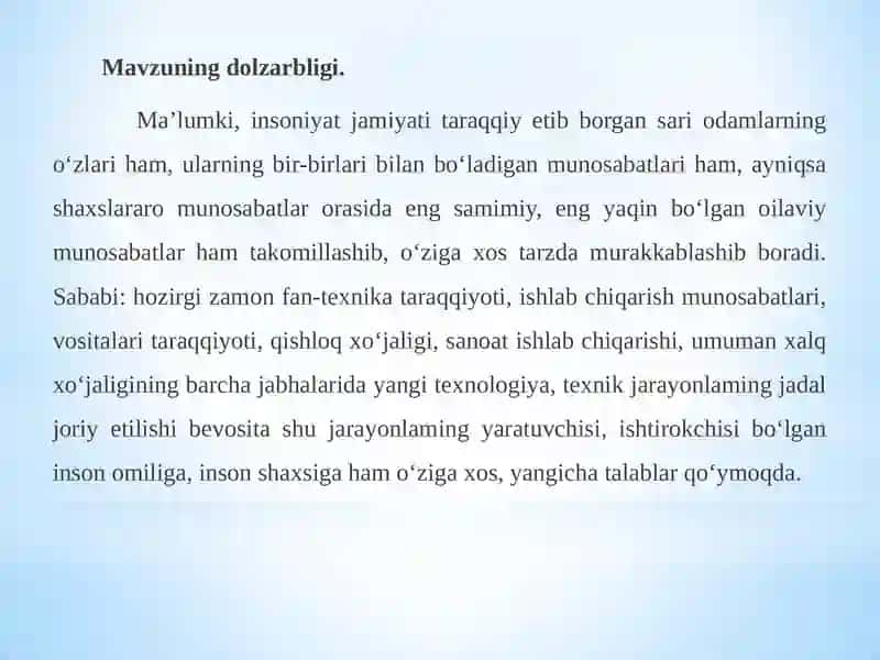 MAHALLA, OILALARIDA OTA ONALAR VA BOLALAR MA’NAVIY TARBIYAVIY MUNOSABATLARINI TAHLIL ETISH USULLARI 4