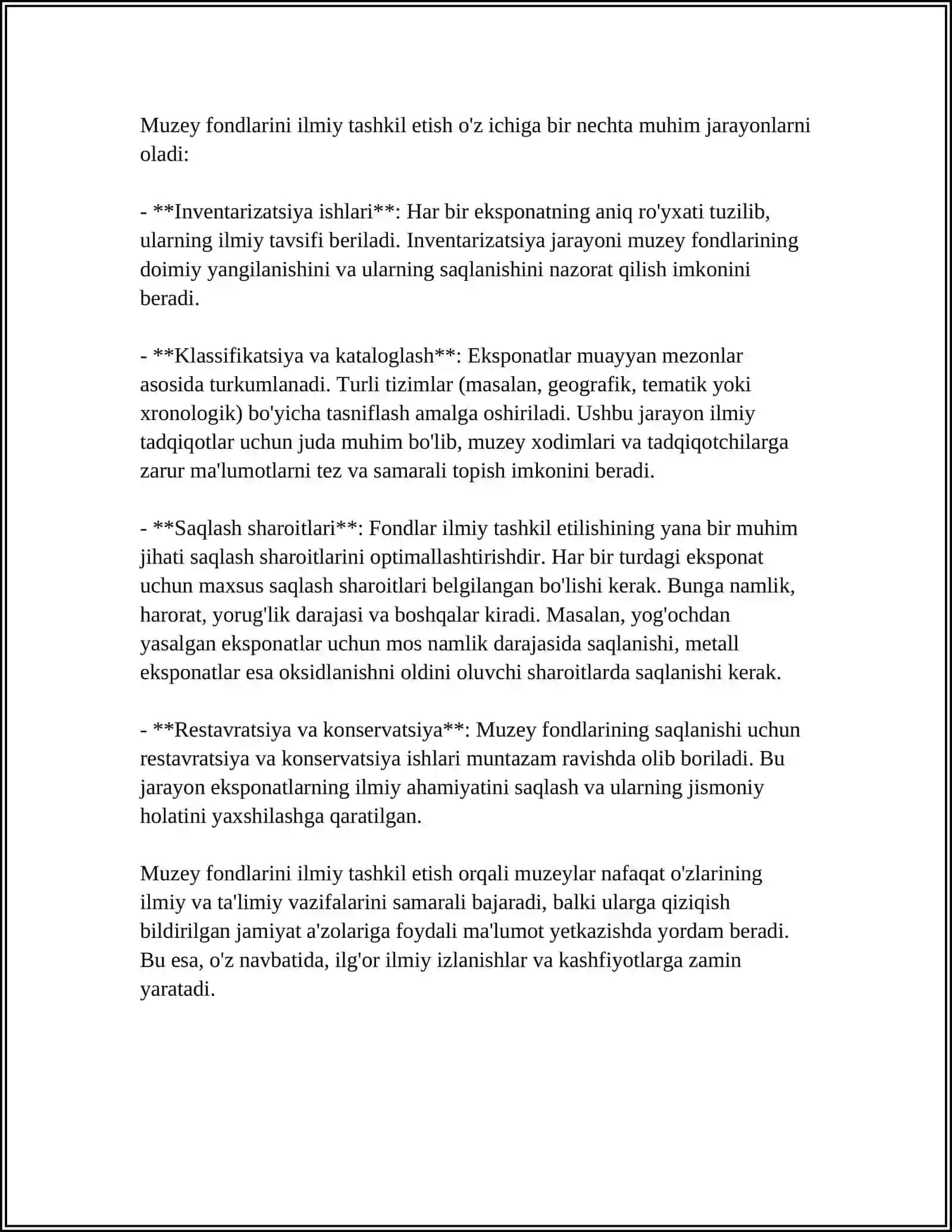 MUSTAQIL ISH Mavzu: MUZEY FONDLARINI ILMIY ASOSDA TASHKILLASHTIRISH 4