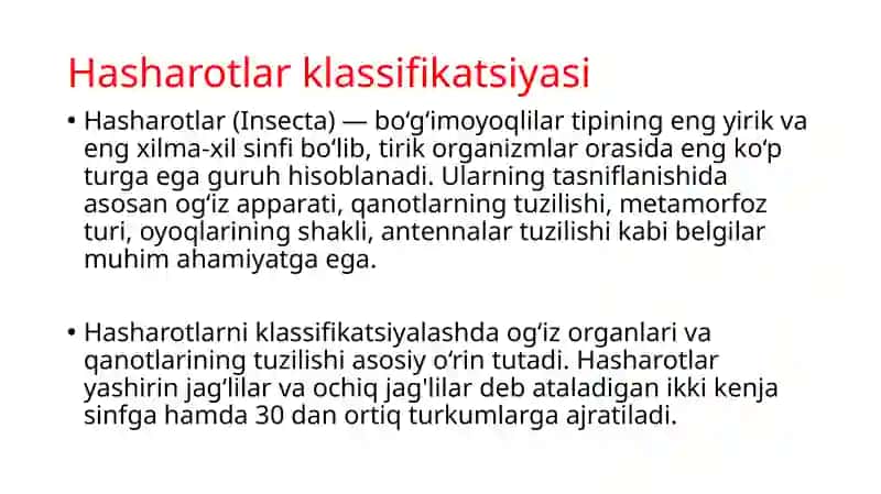 Hasharotlar klassifikatsiyasi 4