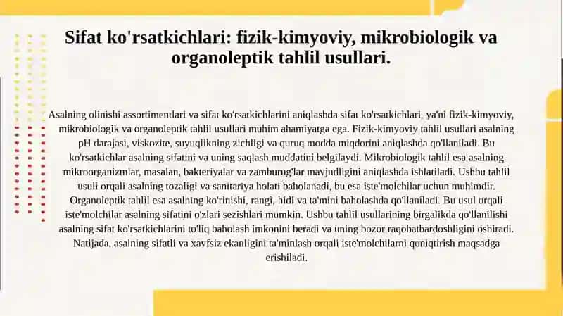 Asalning olinishi assortmenti va sifat kõrsatkichlarini aniqlash 4