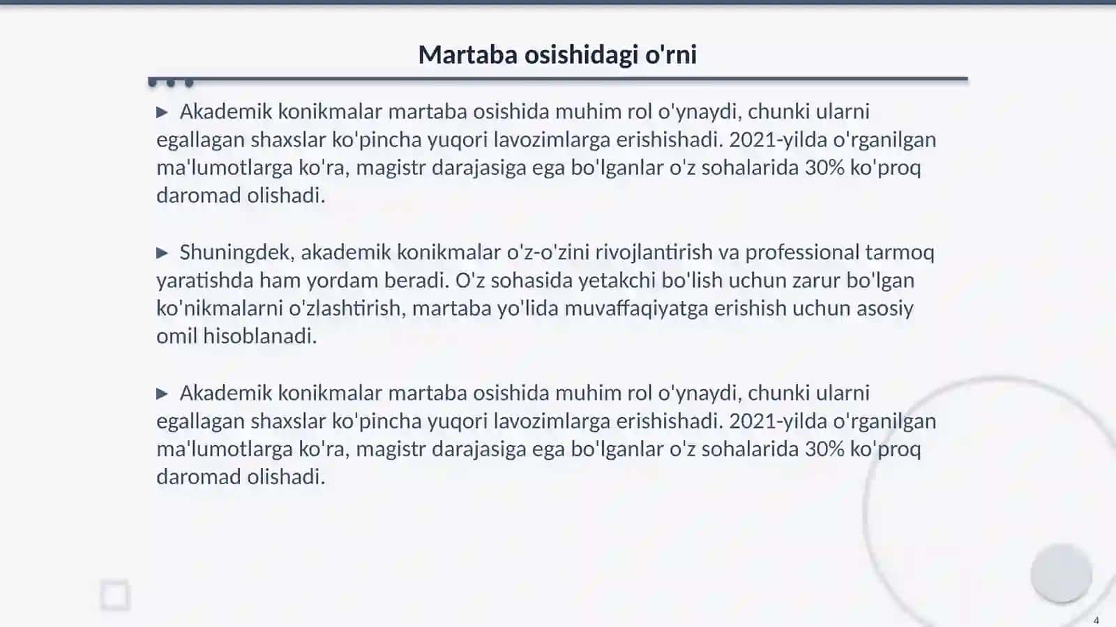 Akademik konikmalarning martaba osishi va kasbiy rivojlanishga ta'sirini baholash 4