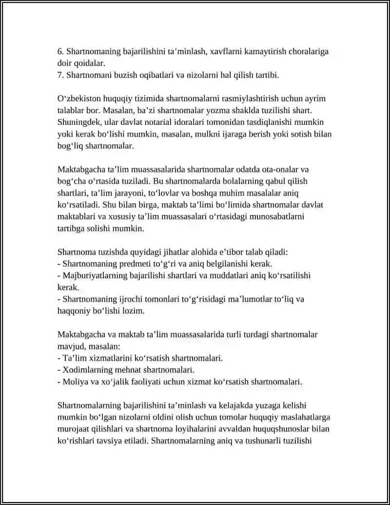 MAKTABGACHA VA MAKTAB TA'LIMI BO'LIMIDA SHARTNOMALAR BO'LIMI TUZILGAN SHARTNOMALAR HAQIDA MUSTAQIL TOPSHIRIQ 4