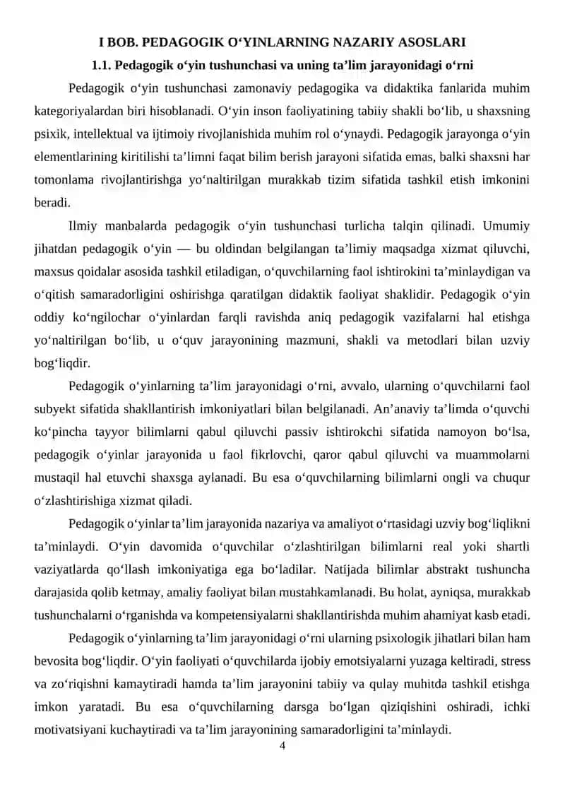 PEDAGOGIK O'YINLAR VA ULARNING FUNKSIYALARI, MAQSAD VA VAZIFALARI KLASSIFIKIKATSIYASI 4