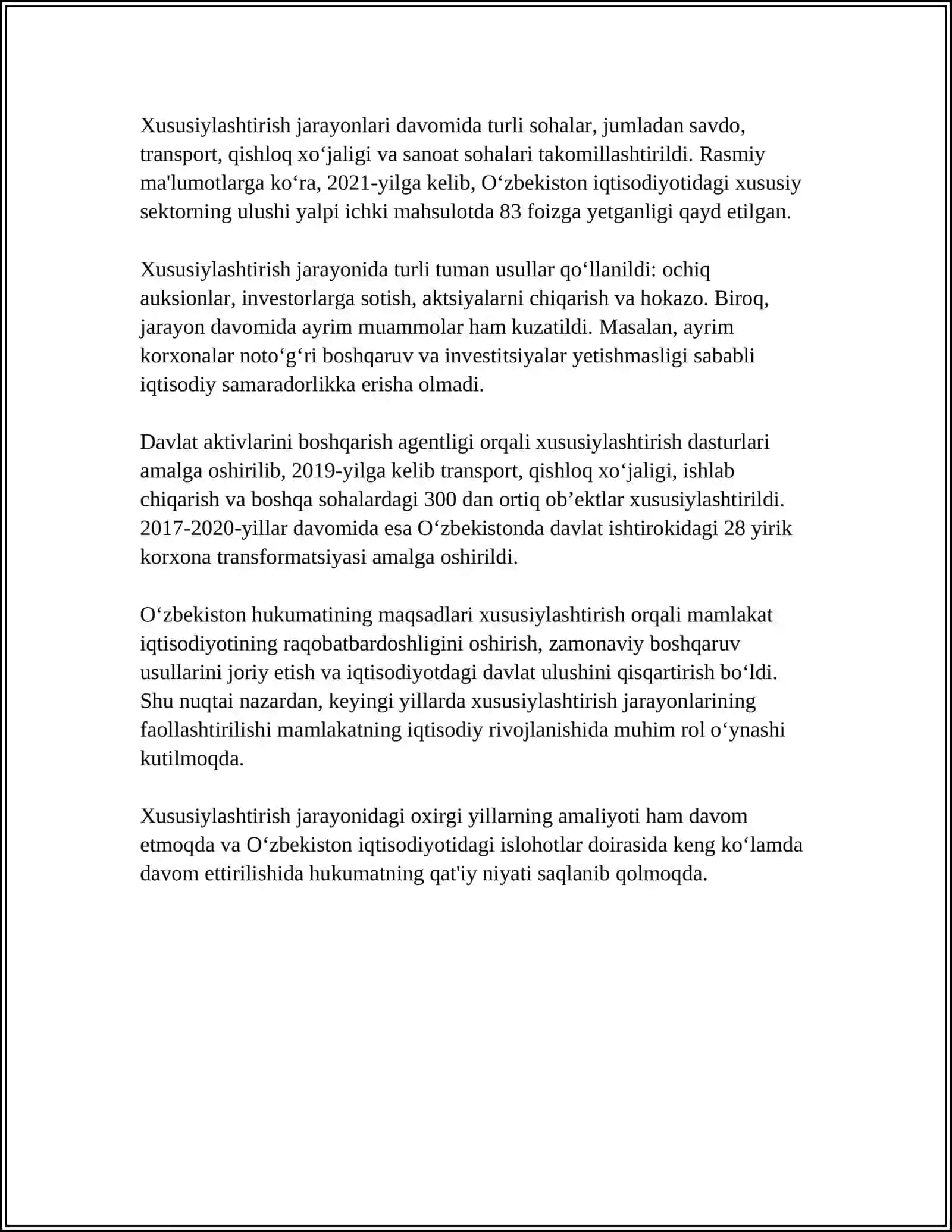 O'ZBEKISTONDA BOZOR ISLOHOTLARI: XUSUSIYLASHTIRISH, TADBIRKORLIKNI RIVOJLANTIRISH 4