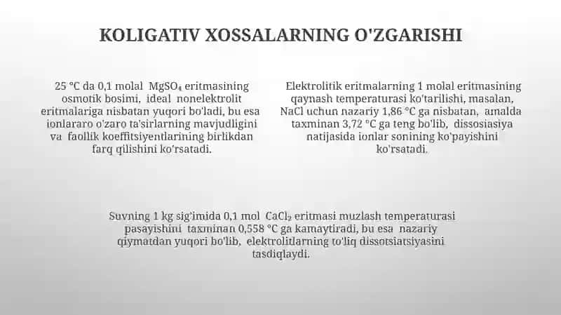 Elektrolit eritmalarining xosalarini noelektrolit eritmalar xosalaridan chetlanishini ifoda qilish 4