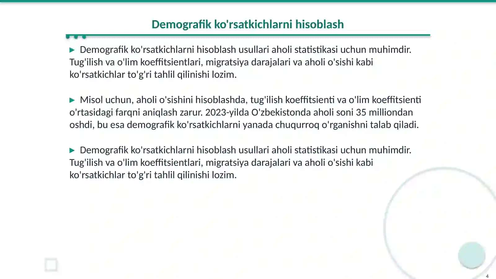 Aholi oʻrtasidagi demografik jarayon va demografik koʻrsatkichlarni hisoblash usullari.Aholing kasallanish koʻrsatkichlari va ularni hisoblash.Xalqaro kasalliklarning tasnifi.Kasalliklar koʻrsatkichini hisoblash va baholash metodikasi 4