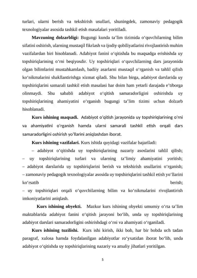 ADABIYOT O'QITISH SAMARADORLIGINI OSHIRISHDA UY TOPSHIRIQLARINING O'RNI 4