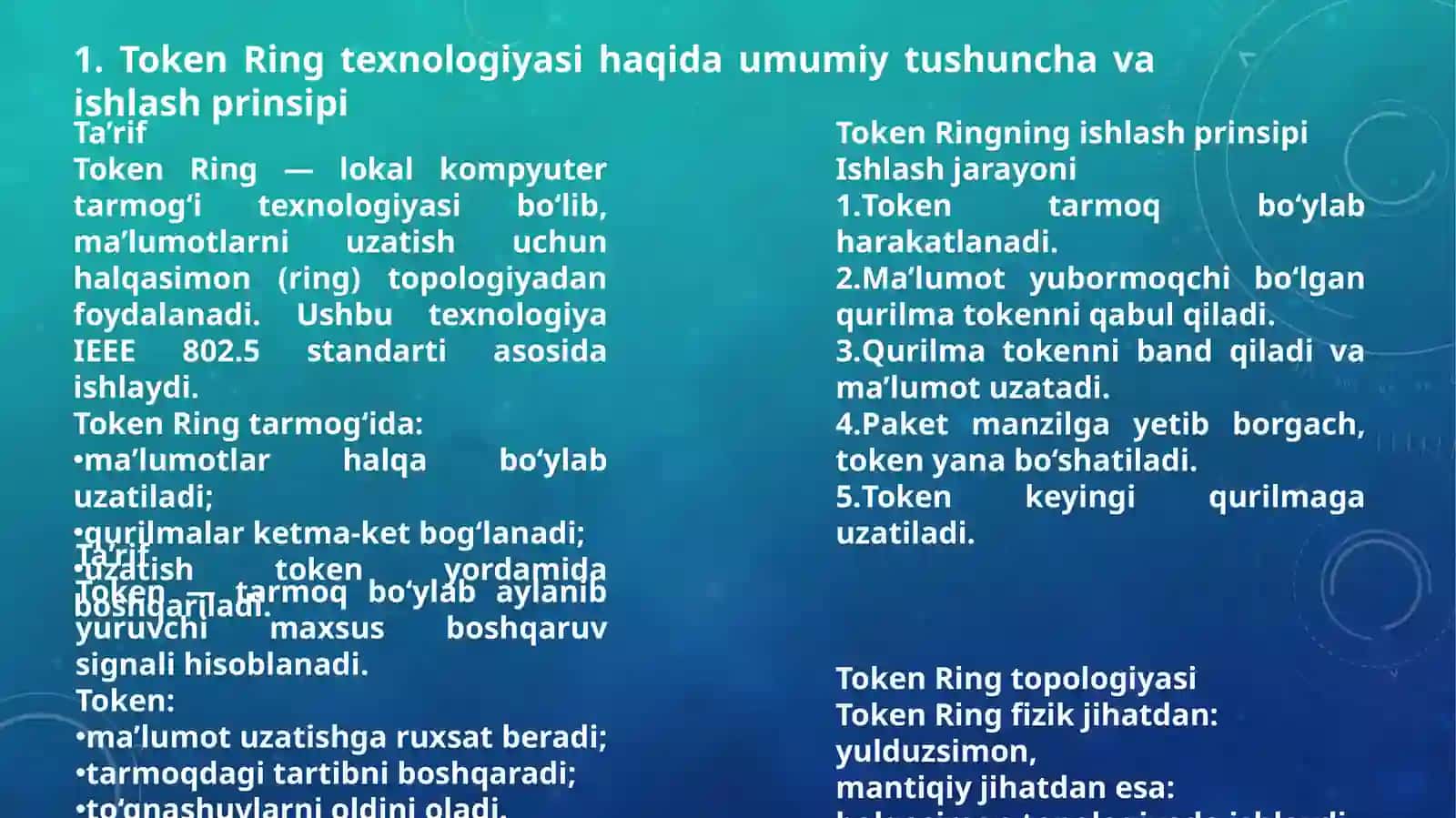 Token Ring texnologiyalari— ish jarayonini o'rganish. 4