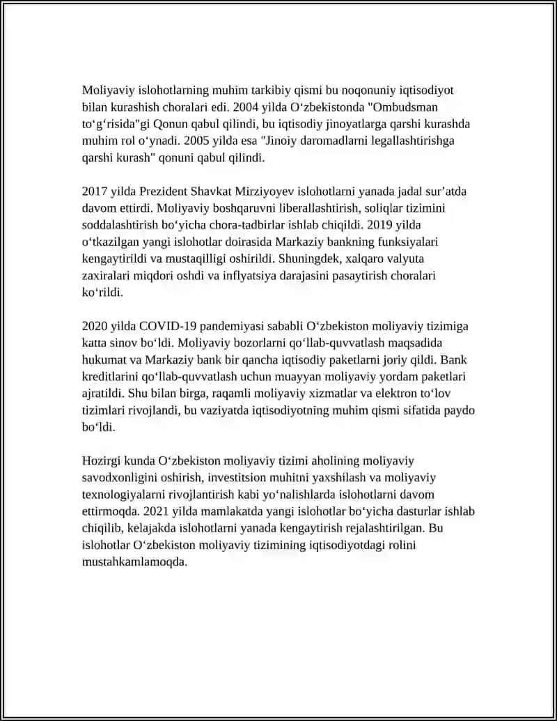 O‘ZBEKISTON MOLIYAVIY TIZIMINING RIVOJLANISHI VA IQTISODIYOTDAGI O‘RNI 4