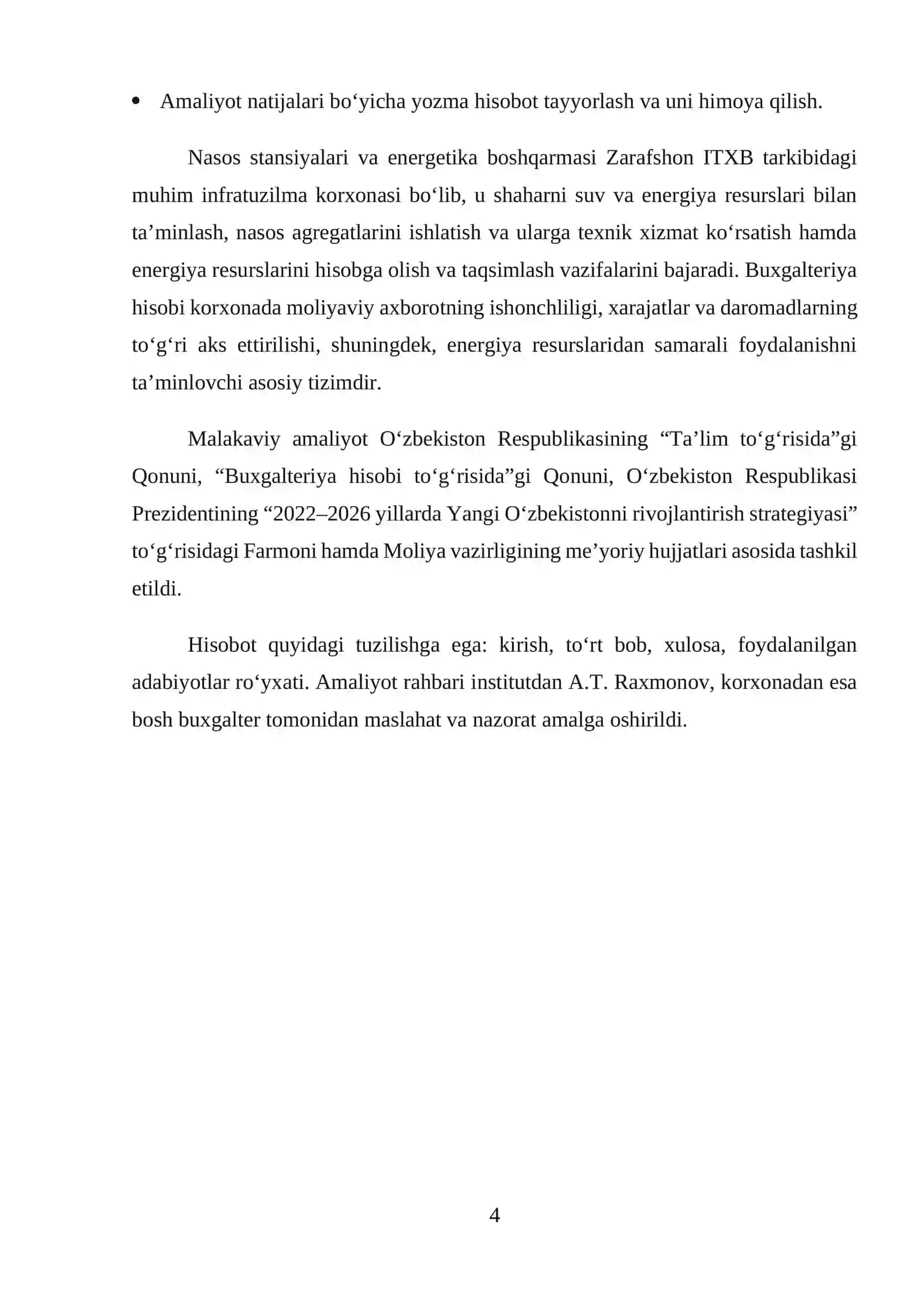 ITXB huzuridagi Nasos stansiyalari va energetika boshqarmasida o‘tkazilgan amaliyot hisoboti 4
