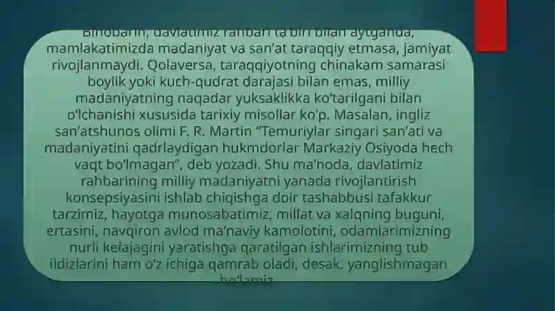 Taqdimoti: O’zbekistonda madaniyat va san’at sohasi boshqaruvining taraqqiyoti 4