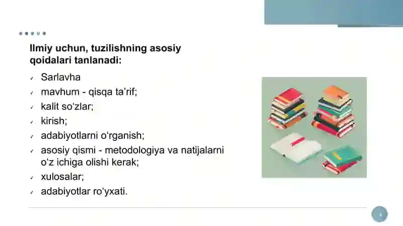Ilmiy matnda dalillar, obyektlar, jarayonlar va xulosalarning berilishi. Ilmiy tadqiqot matnini yaratish. Mavzuni tanlash. Iqtibos keltirish. Parafraza 4