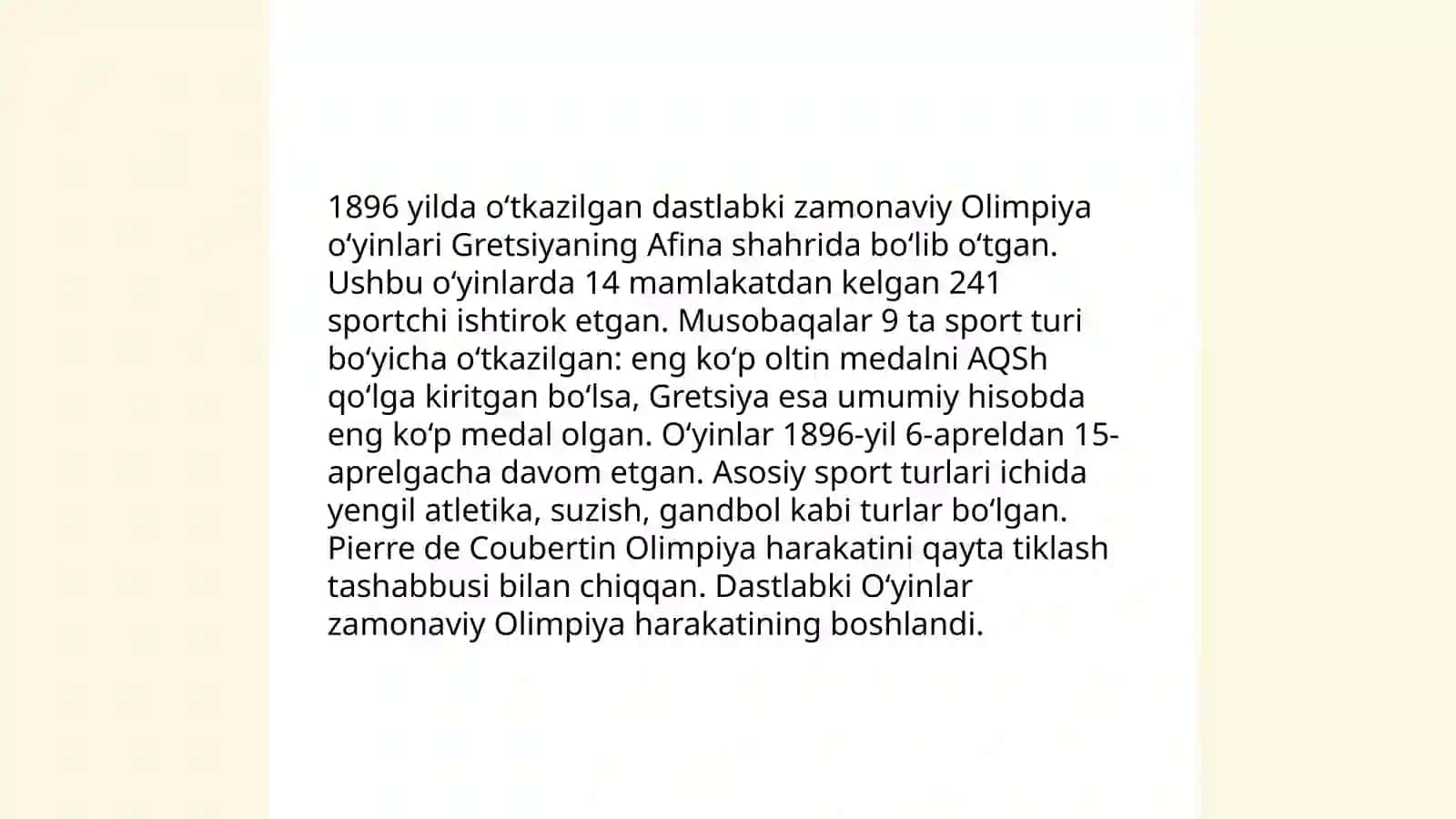 Olimpiya o'yinlarining xususayatlari (1896-hozirgi davrgacha) 4