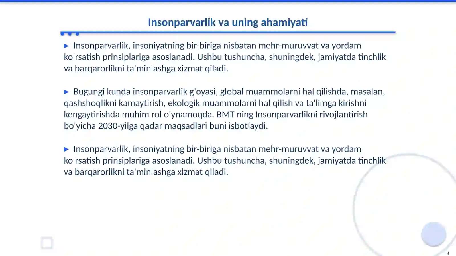 Manaviyatli inson tushunchasi. Insonparvarlikning ulug daholari umr mazmuni to'g'risida Hikmatlar sandig‘i yasash 4