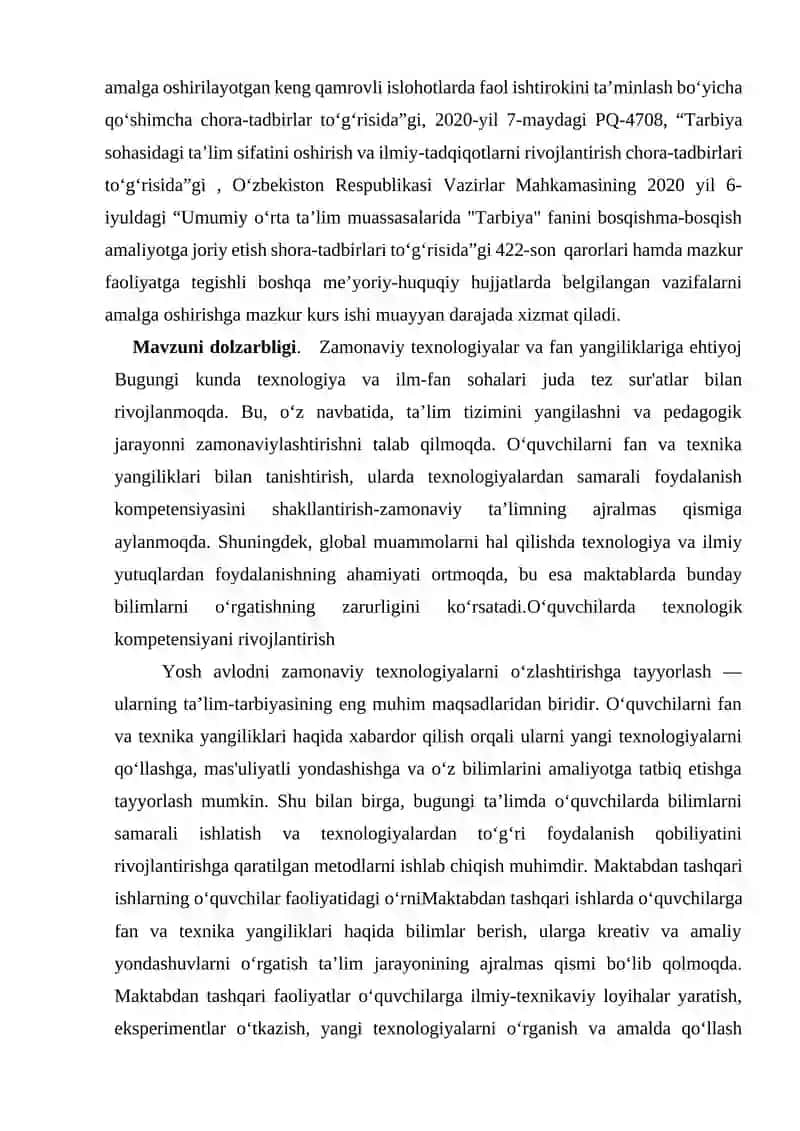 FAN VA TEXNIKA YANGILIKLARIDAN XABARDOR BO‘LISH HAMDA FOYDALANISH KOMPETENSIYASINING TA’LIM –TARBIYADAGI O‘RNISINF VA MAKTABDAN TASHQARI ISHLARNING O‘QUVCHILAR FAOLIYATIDAGI O‘RNI 4