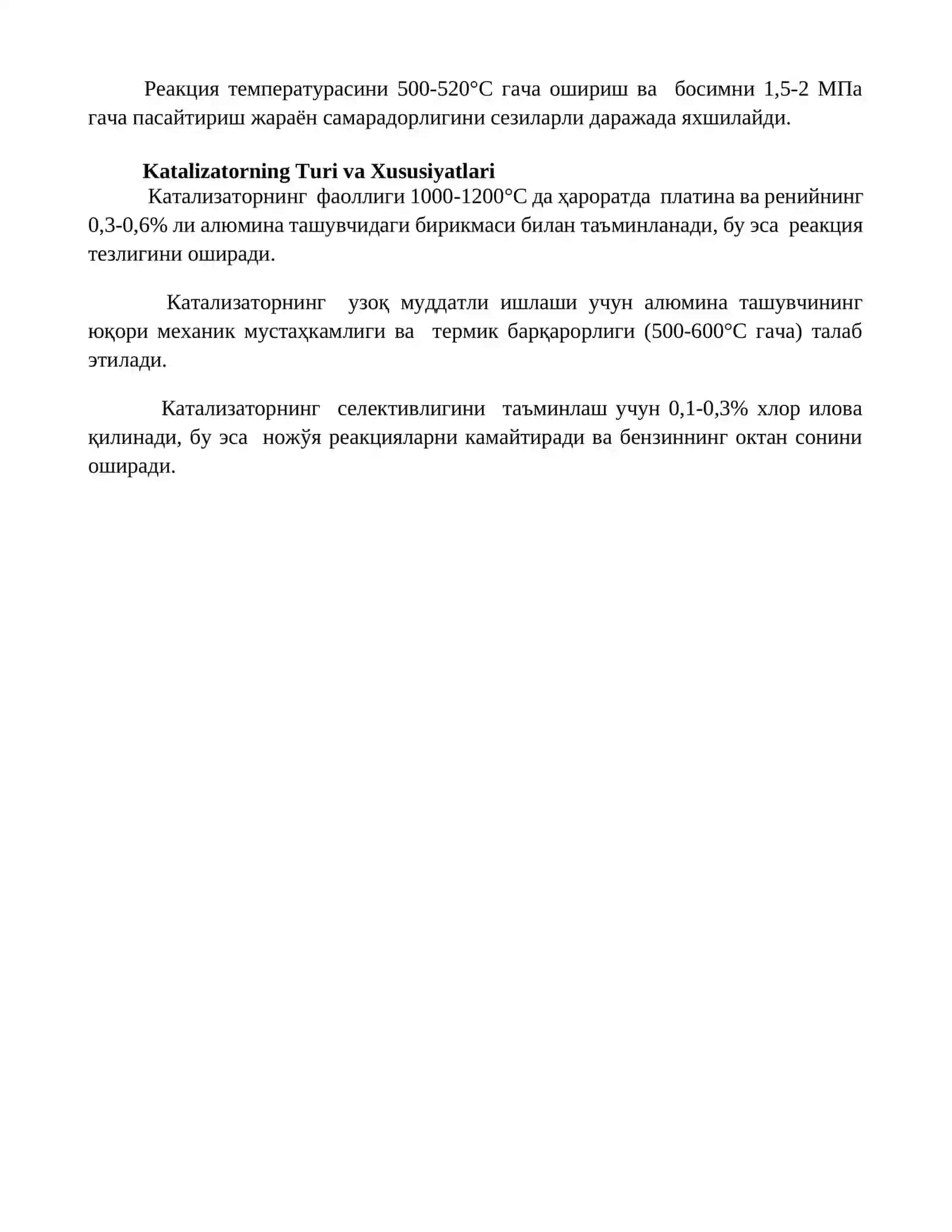 Katalitik riforming xom ashyosi, parametrlari va mahsulotlari 4