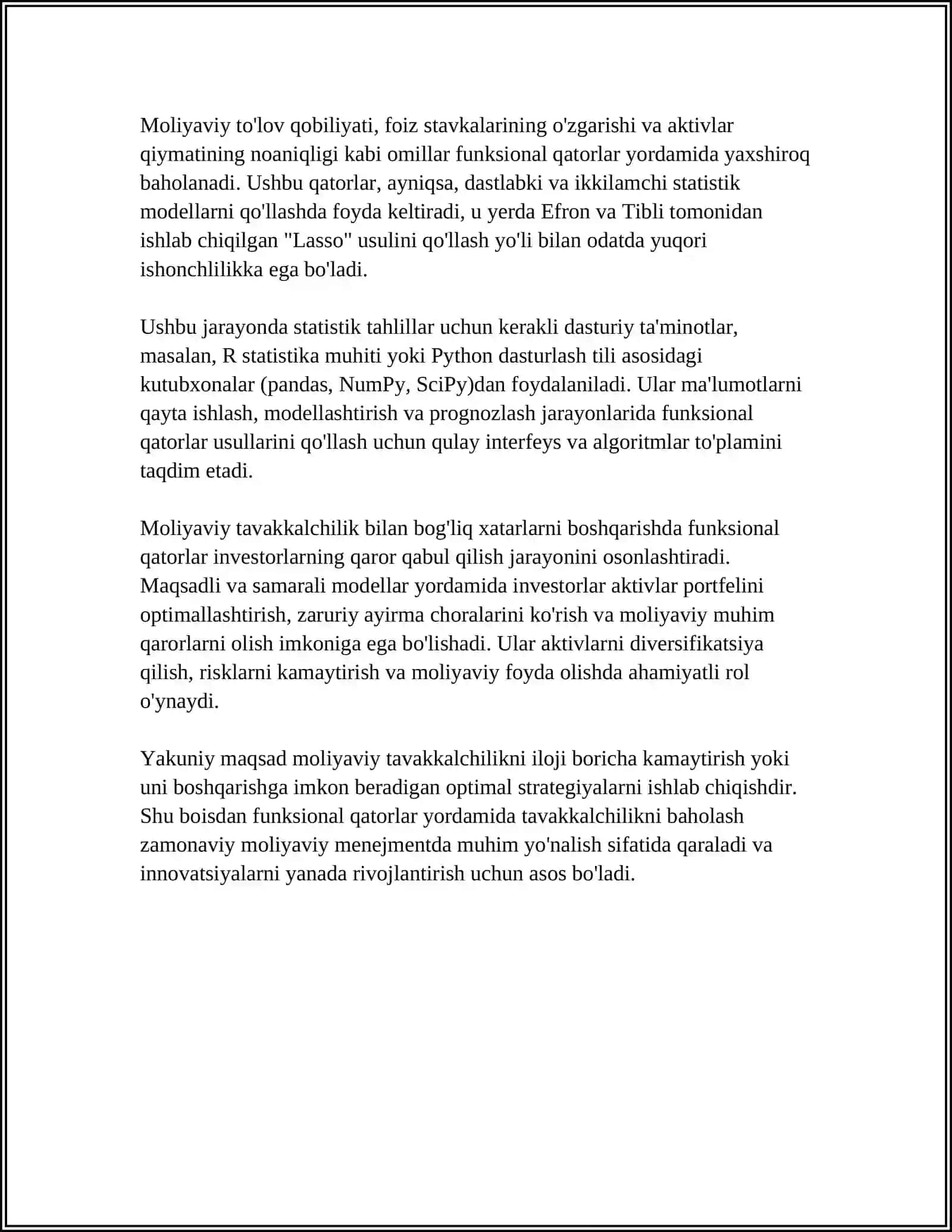 MOLIYAVIY TAVAKKALCHILIKNI MODELLASHTIRISHDA FUNKSIONAL QATORLARNING TATBIQLARI 4