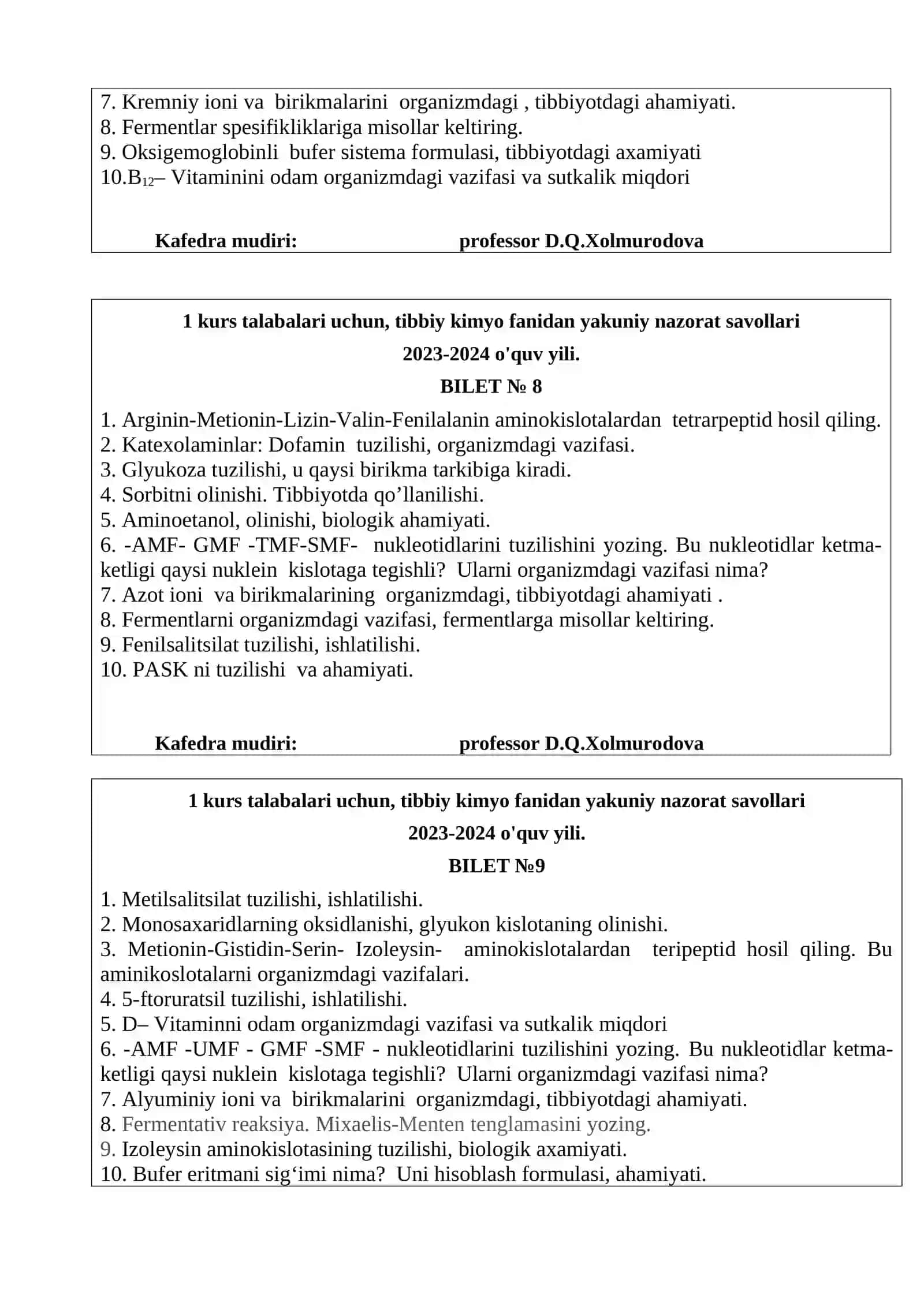 Tibbiy kimyo fanidan yakuniy nazorat savollari 4