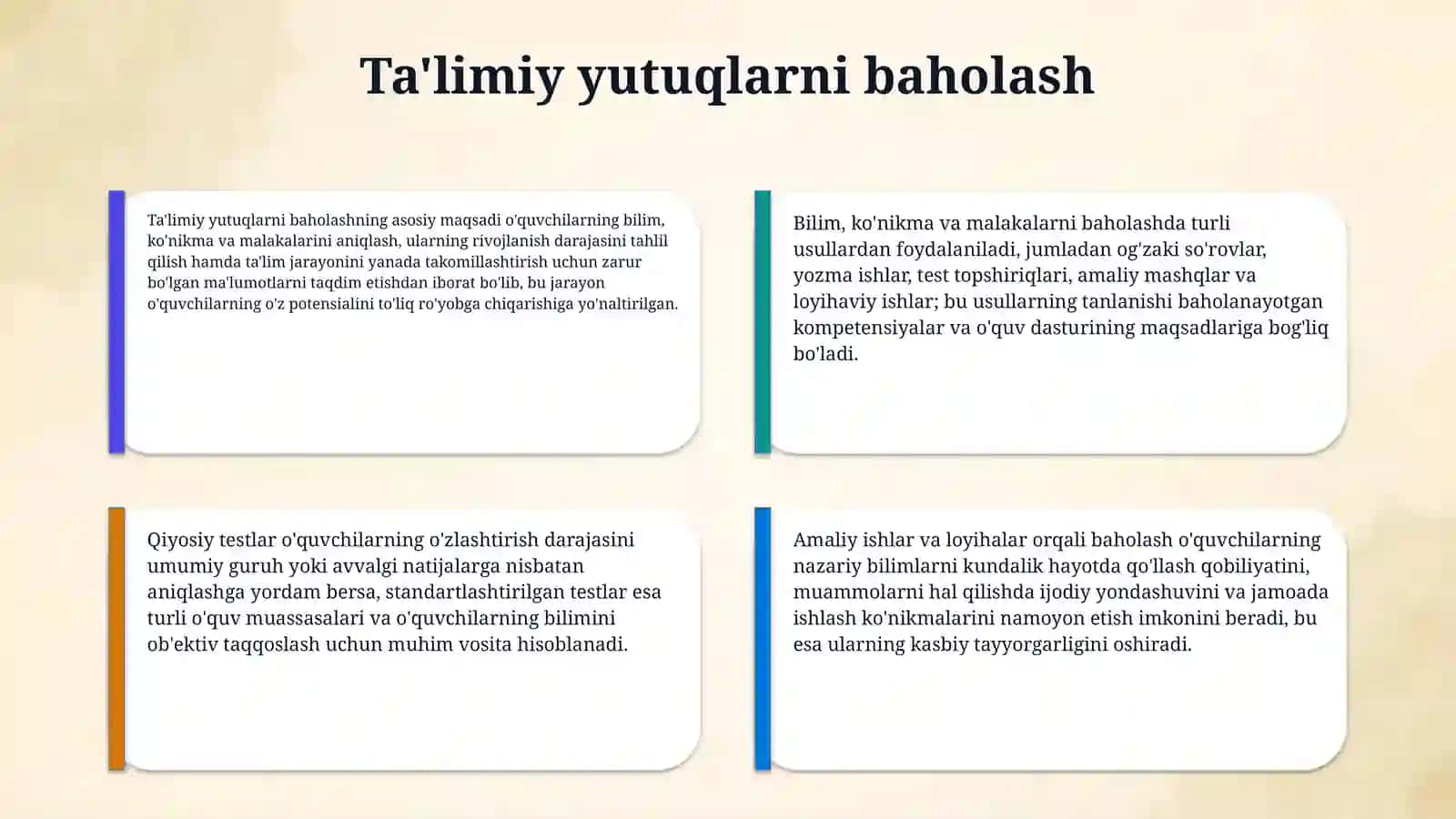 O‘quvchilarning ta’limiy va tarbiyaviy yutuqlarini baholash tizimi 4