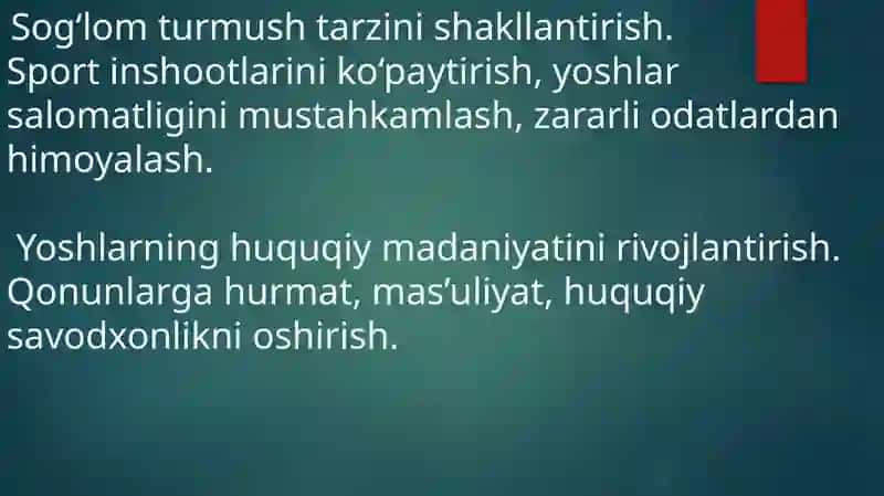 O‘zbekistonda yoshlarga oid  davlat siyosati va asosiy mazmuni barkamol avlodni tarbiyalashning asosiy yunalishlari 4