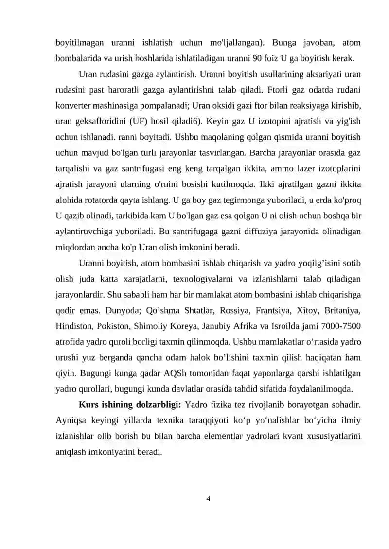 Uran yadrosini boyitish usullari va texnikasi. Uran yadrosining bo`linishi 4