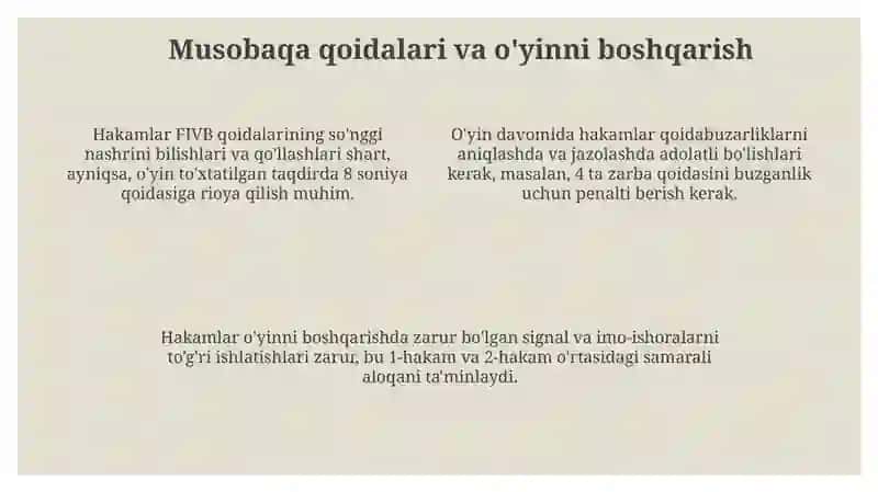 Valebol musobaqalarini tashkil etish va o'tkazishda hakamlarni vazifalari huquq va majburiyatlari 4