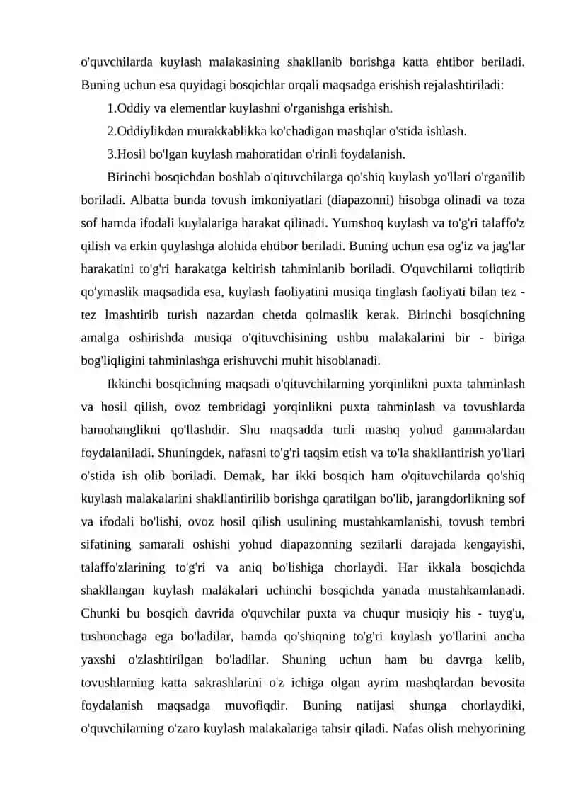 Qo'shiq kuylash malakalarini shakillantirish bosqichlarini tasniflash 4