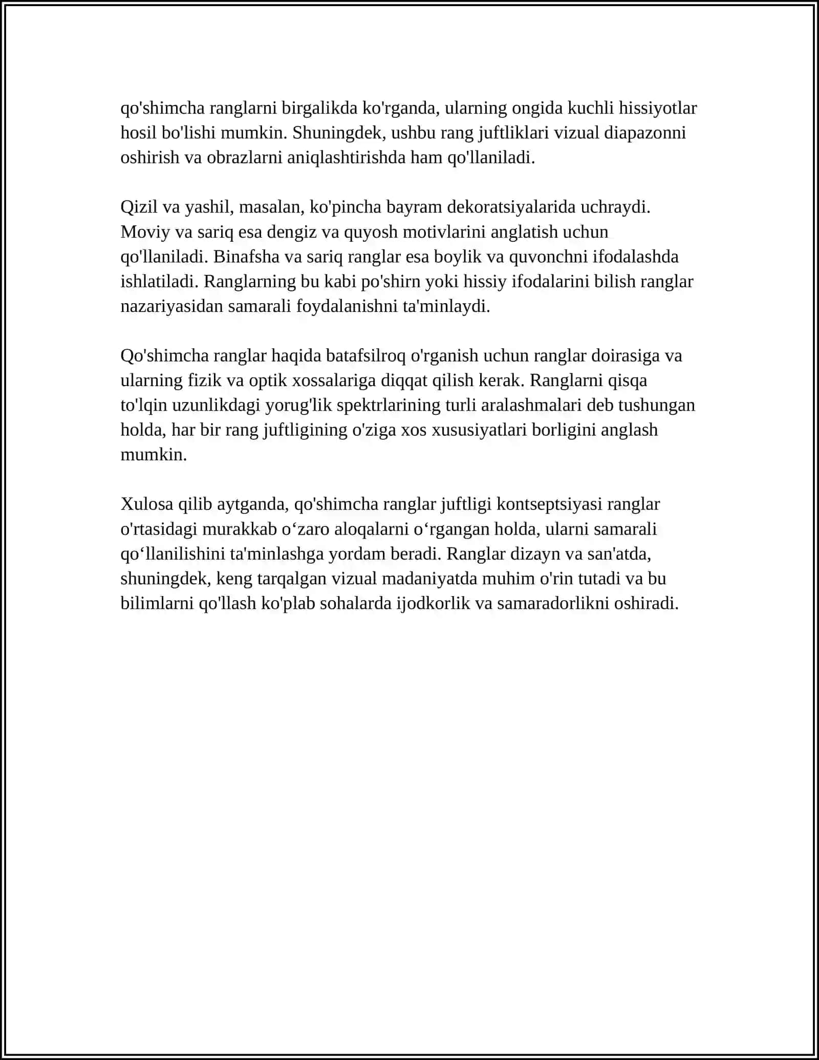 MUSTAQIL ISH Mavzu: QO‘SHIMCHA RANGLAR JUFTLIGINING XUSUSIYATLARINI ANIQLASH 4