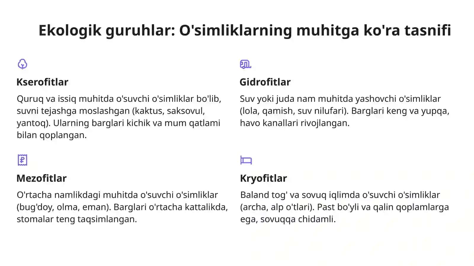 Turli muhit sharoitida o'sgan o'simliklarning tuzilishini taqqoslash 4