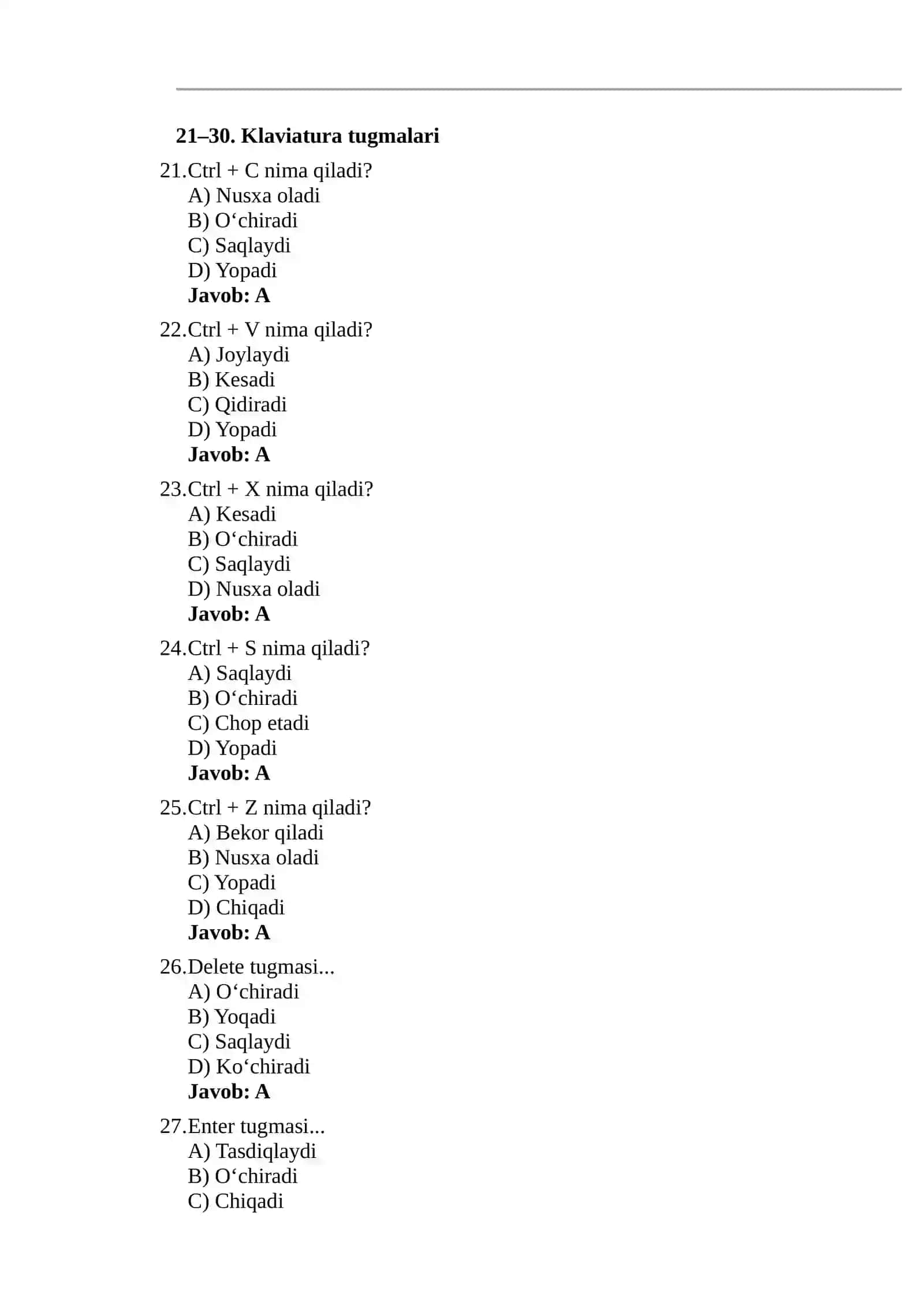 Kompyuter Texnologiyalari bo‘yicha Test Savollari va Javoblari ( Yangi To‘plam) 4