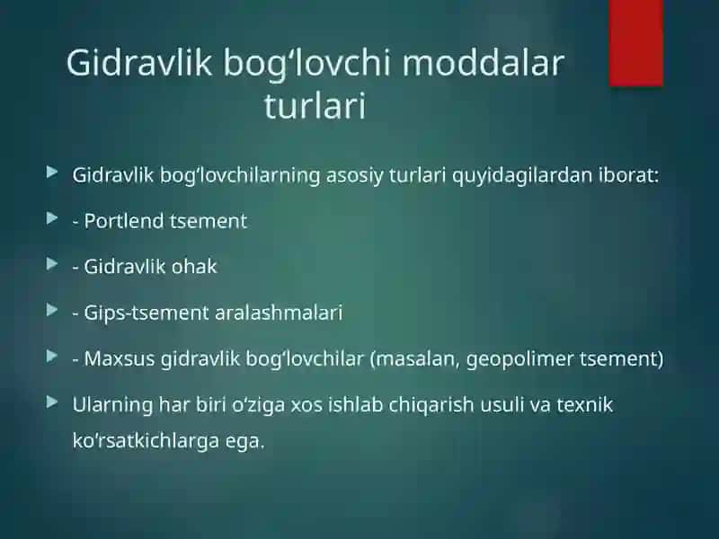 Gidravlik bog‘lovchi moddalar turlari, xossalari, afzallik va kamchiliklari 4