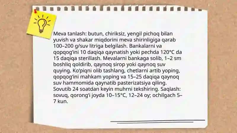 Meva va sabzavotlarni tabiiy usulda konservalash va sharbat olish retsepturasini oʻrganish 4
