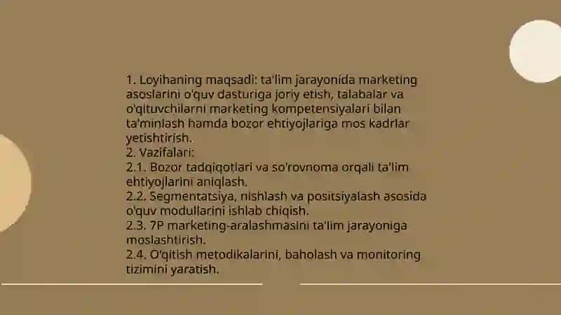 TA'LIMDA MARKETING ASOSLARI FANIDAN LOYIHA REJASI 4